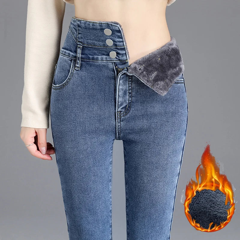 Winter Women Thick Velvet High Waist Skinny Jeans Simple Warm Fleece Slim Fit Stretch Trousers Casual Ladies Denim Pencil Pants