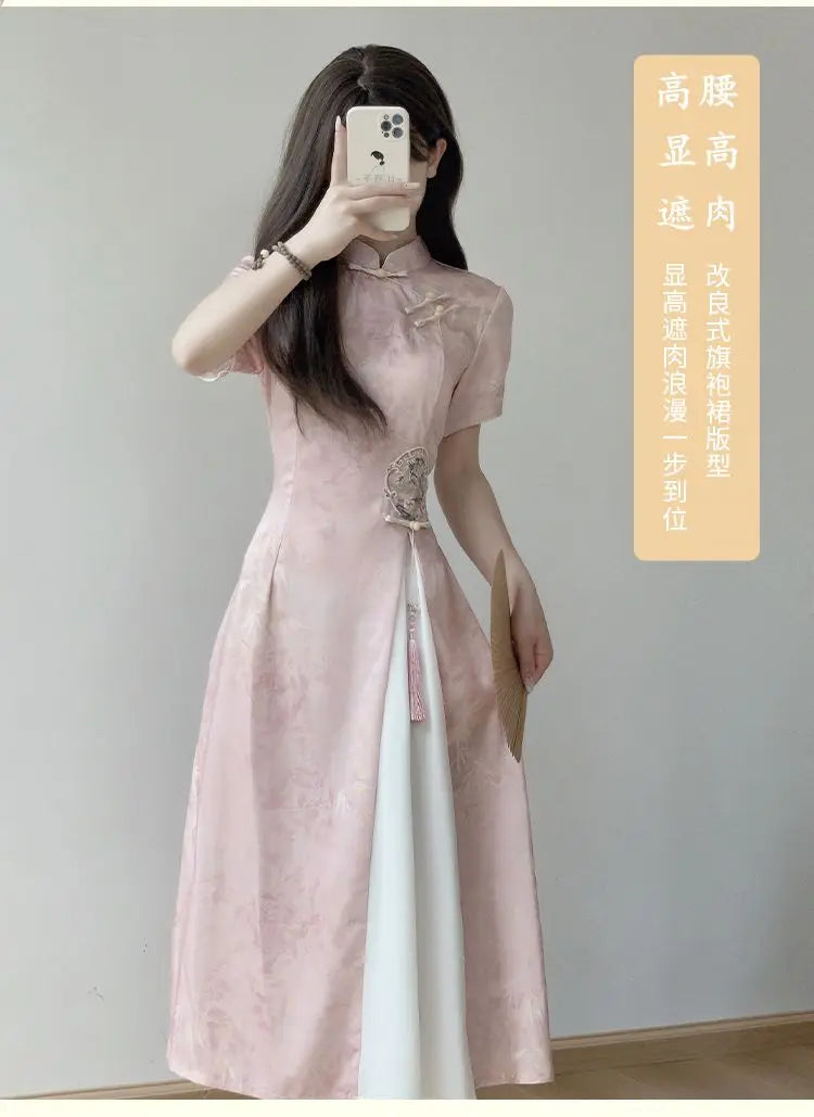 Elegant Pink Stand Collar Short Sleeve Ao Dai Vietnamese Dress for Women Chinese Style Printed Cheongsam Dresses Qipao XL 2XL - Seprincess