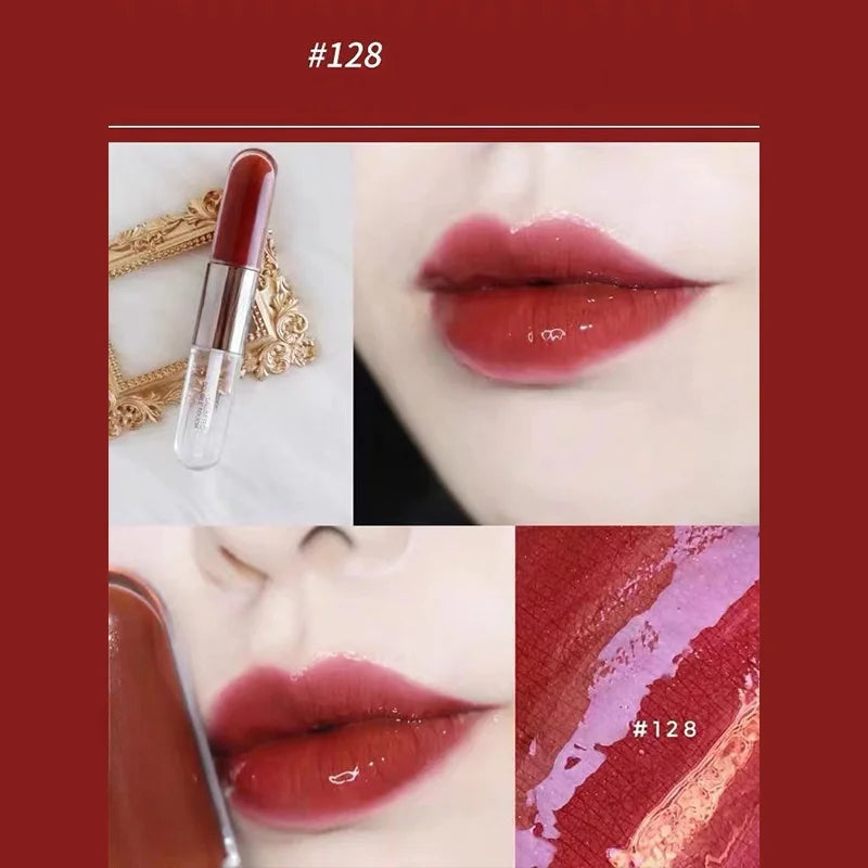 Double Head Mirror Lip Lipstick Cherry Red Glossy Double Touch Retro Red Long Lasting Moisturizing Transparent Gloss Lipstick - Seprincess