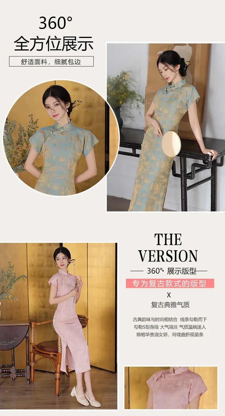 2024 Womens Qi pao Jacquard Modern Floral Plus Size Cheongsam Chinese Dress Short Sleeve Oriental Lady clothing S-XXL 23572 - Seprincess