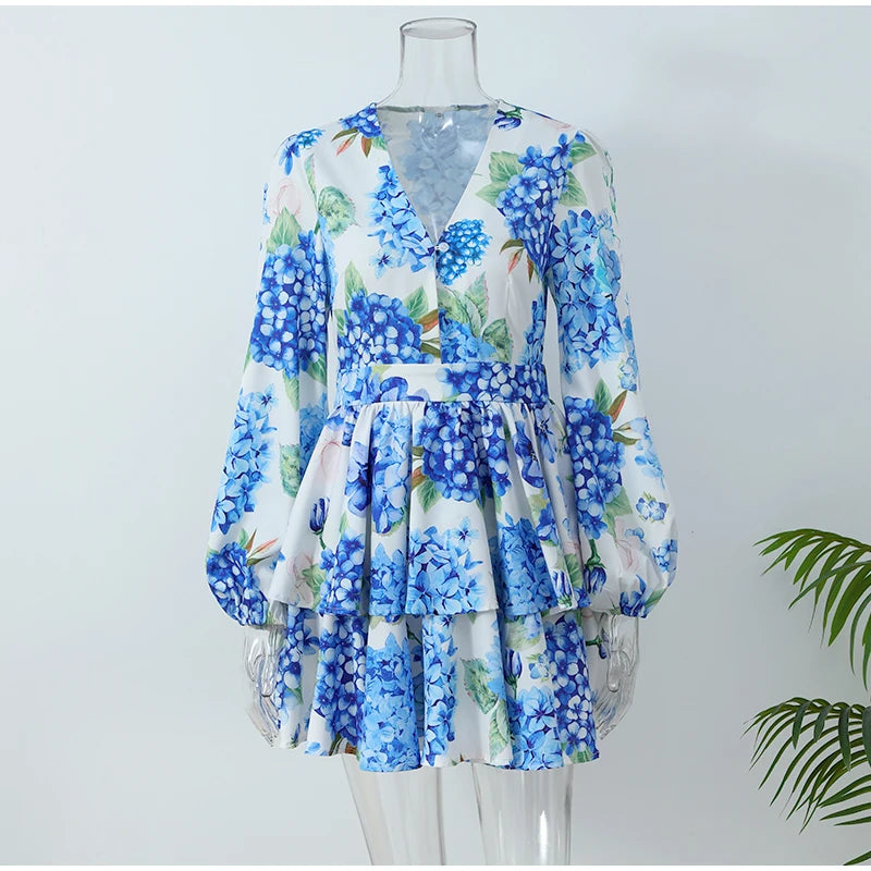 Elegant Flower Printed Ruffles Layered Mini Dress Chic V Neck Puff Long Sleeved A Line Dresses Fashion Lady Evening Party Gown - Seprincess