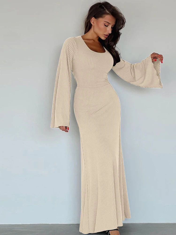 Dulzura Solid Ribbed Trumpet Sleeves Maxi Dress Back Lace-Up Straps Elegant Casual 2023 Autumn Winter For Women Birthday - Seprincess