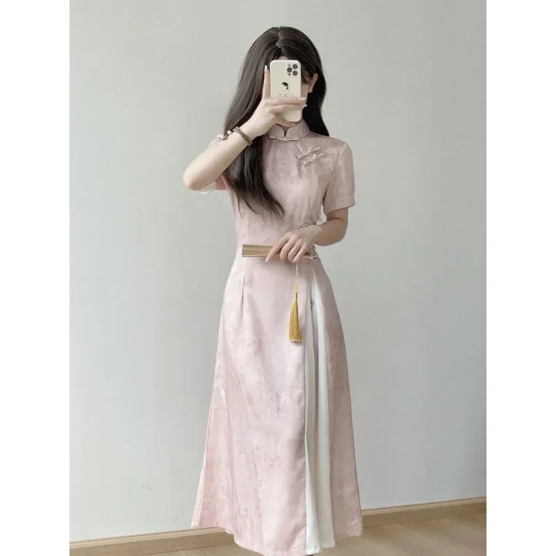 Elegant Pink Stand Collar Short Sleeve Ao Dai Vietnamese Dress for Women Chinese Style Printed Cheongsam Dresses Qipao XL 2XL - Seprincess