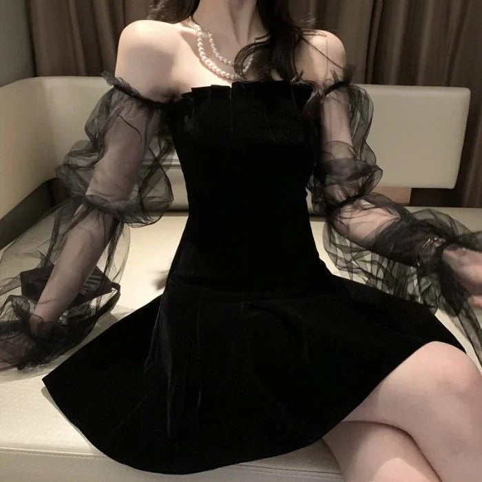 New Spring and Summer Sexy Mesh Puff Sleeve Black Strapless Puff Dress Women Woman Dress Vestido De Mujer Femme Robe - Seprincess