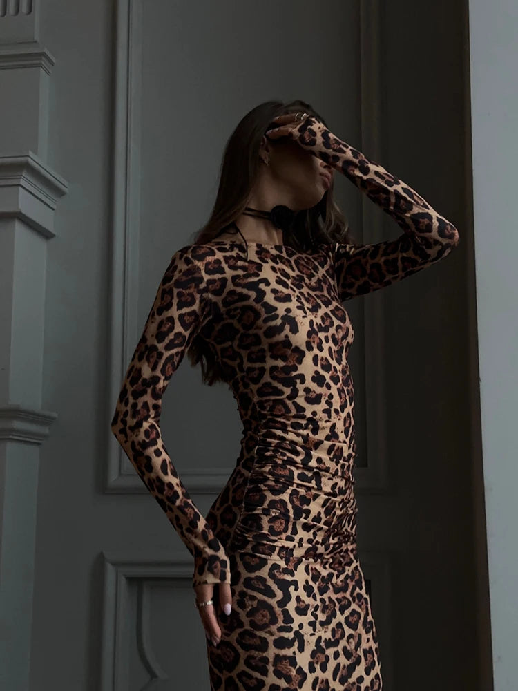 CNYISHE Leopard Bodycon Sheath Sexy Club Women Dresses Long Sleeve O Neck Outfits Fashion Bodycon Slim Female Vestidos Robes - Seprincess