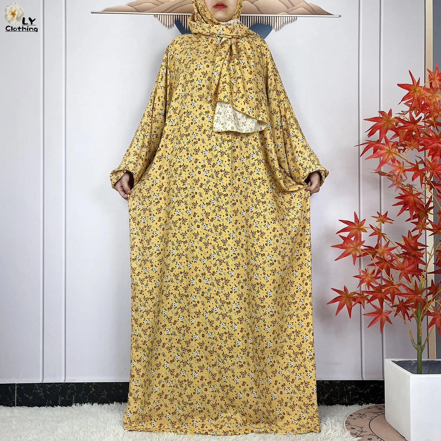 2024Latest Muslim Abayas For Women Ramadan Prayer Maxi Dubai Turkey Femme Cotton Robe Floral Loose African Dress Turban Attached - Seprincess