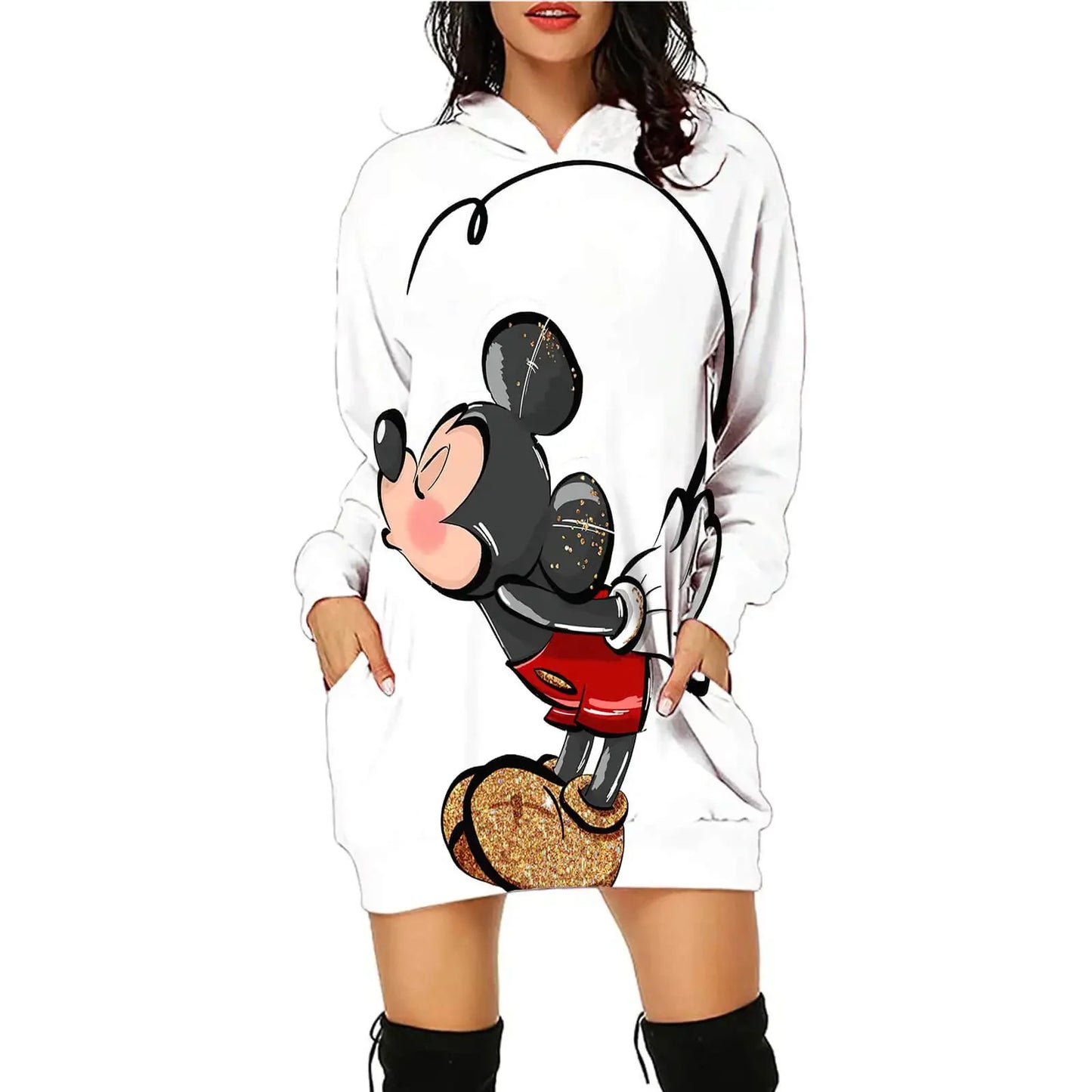 Disney Minnie Mickey Mouse Women's Dress 3D Dye Print Fashion Fall Winter Hoodie Casual Sexy Dress Loose Kawaii Dress - Seprincess