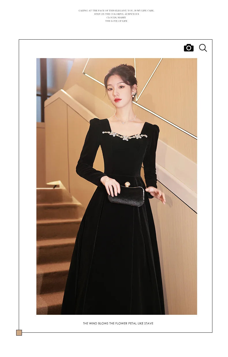 Autumn Winter Black Evening Dress Women Elegant  Luxury Velvet Long Sleeve A-line Party Dresses French Beadding Prom Gown - Seprincess