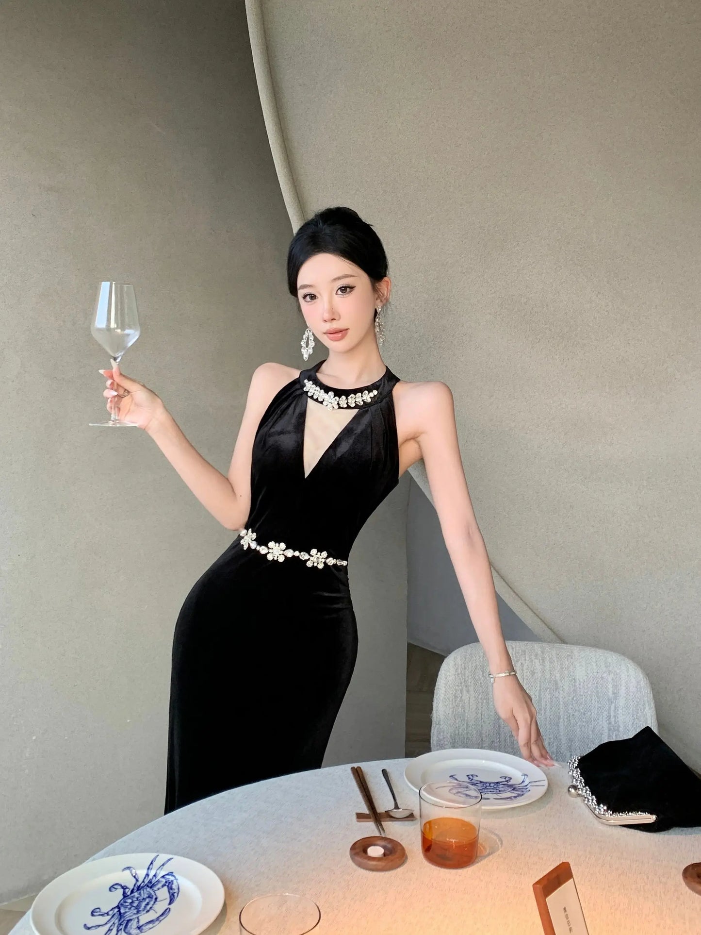 Vintage Luxurious Evening Wedding Party Black Long Dresses for Women Elegant Bodycon Mesh Patchwork Velvet Prom Female Clothing - Seprincess