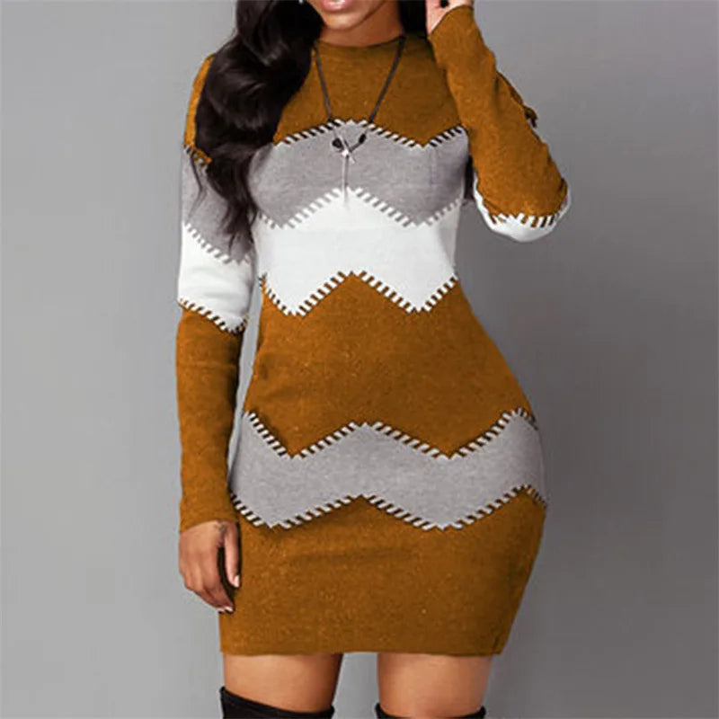 Women Elegant Patchwork Long Sleeve Warm Dress 2022 Autumn Winter Rib Knit Sweater Dress Casual Turtleneck Pullover Mini Dresses - Seprincess