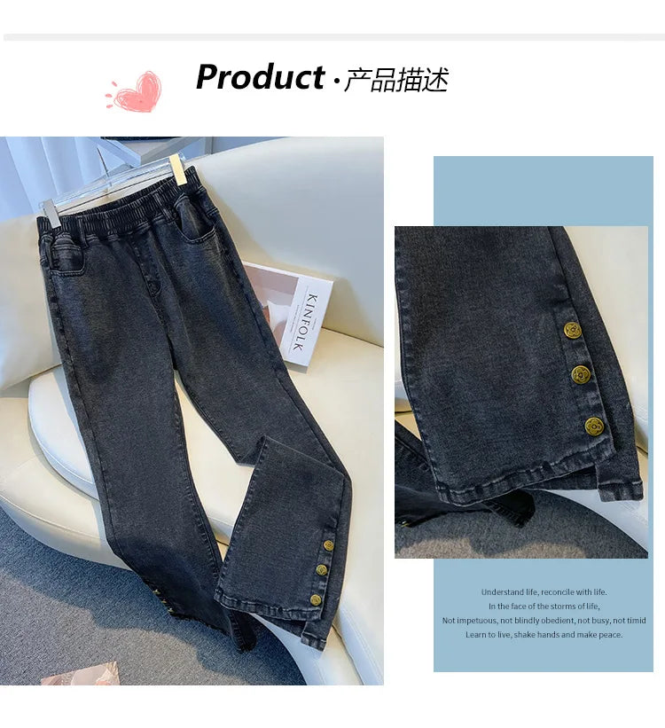 155Kg Plus Size Women's Jeans Hip 150-160 High Waist Casual Loose Flare Pants Trousers Black Black-Gray 5XL 6XL 7XL 8XL 9XL