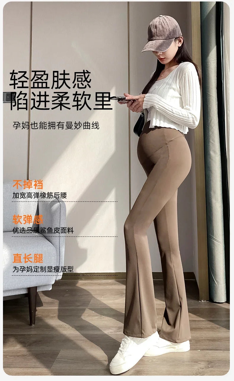 Boot Cut Nylon Legging for Maternity Spring Summer Adjustable Elastic Waist Pants for Pregnant Women Hot Slim Fit Pregnancy Wear