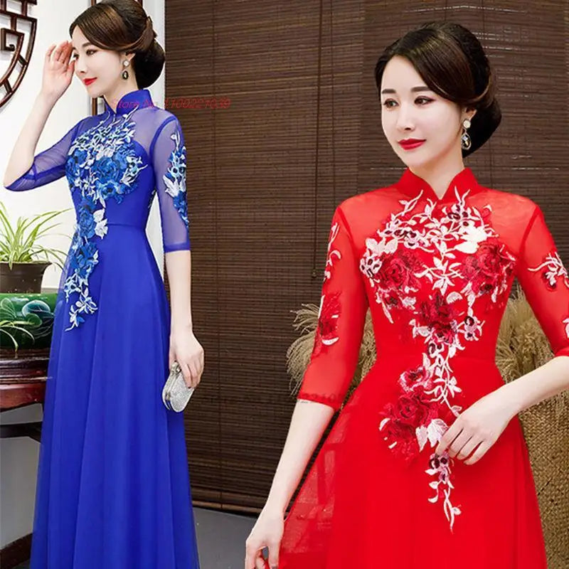 2024 women improved qipao dress elegant lace flower embroidery cheongsam vintage banquet qipao oriental evening dress vestido - Seprincess