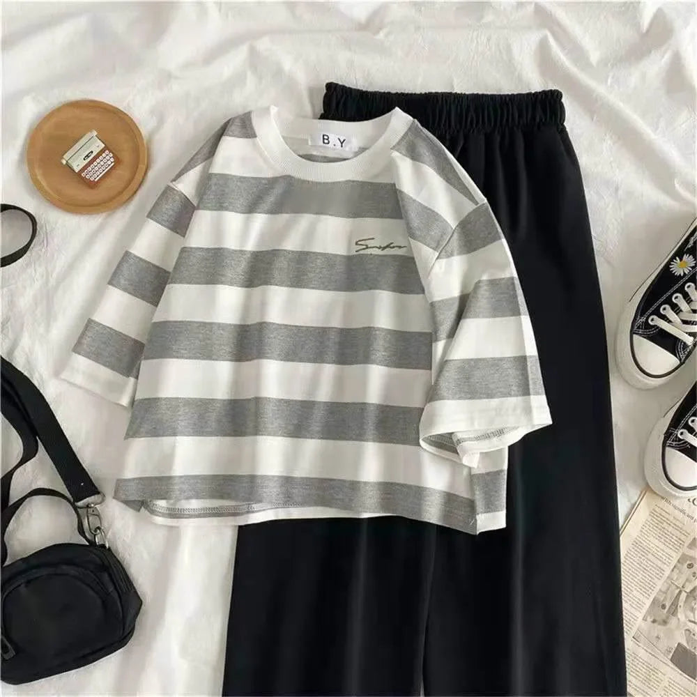 2 Pcs Women Sets Chic Striped Summer Leisure Femme Outfits Korean  Casual Suit Crop Top Basic Black High Waist Wide-leg Set - Seprincess