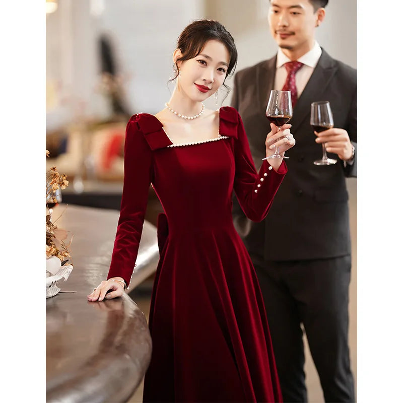 Burgundy Velvet Evening Dress Elegant Beaded Square Collar Engagement Dresses Temperament Bow Long Sleeve Formal Banquet Gown - Seprincess