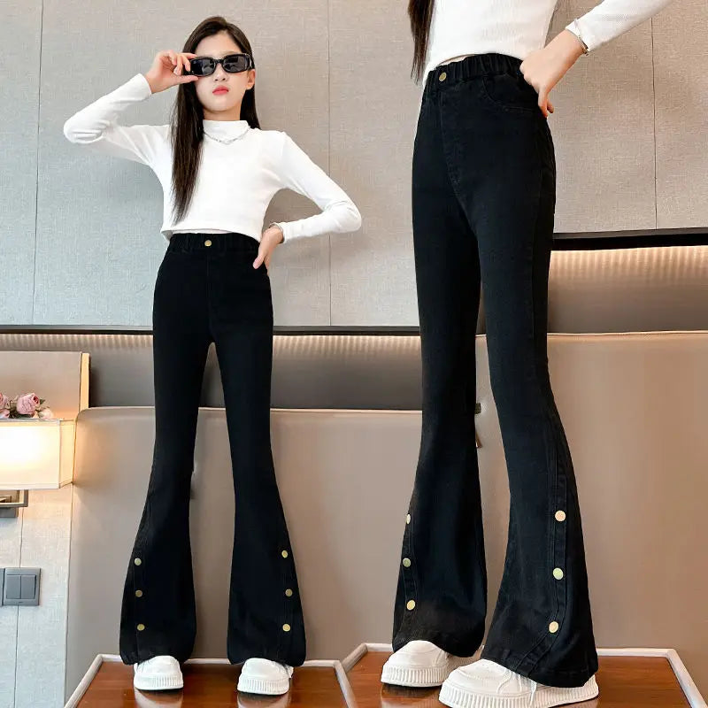 Fashion Jeans for Girls New Arrvial Kids Black Vintage Tight Denim Flare Pants Spring Autumn Teenage Children's Slim Trousers