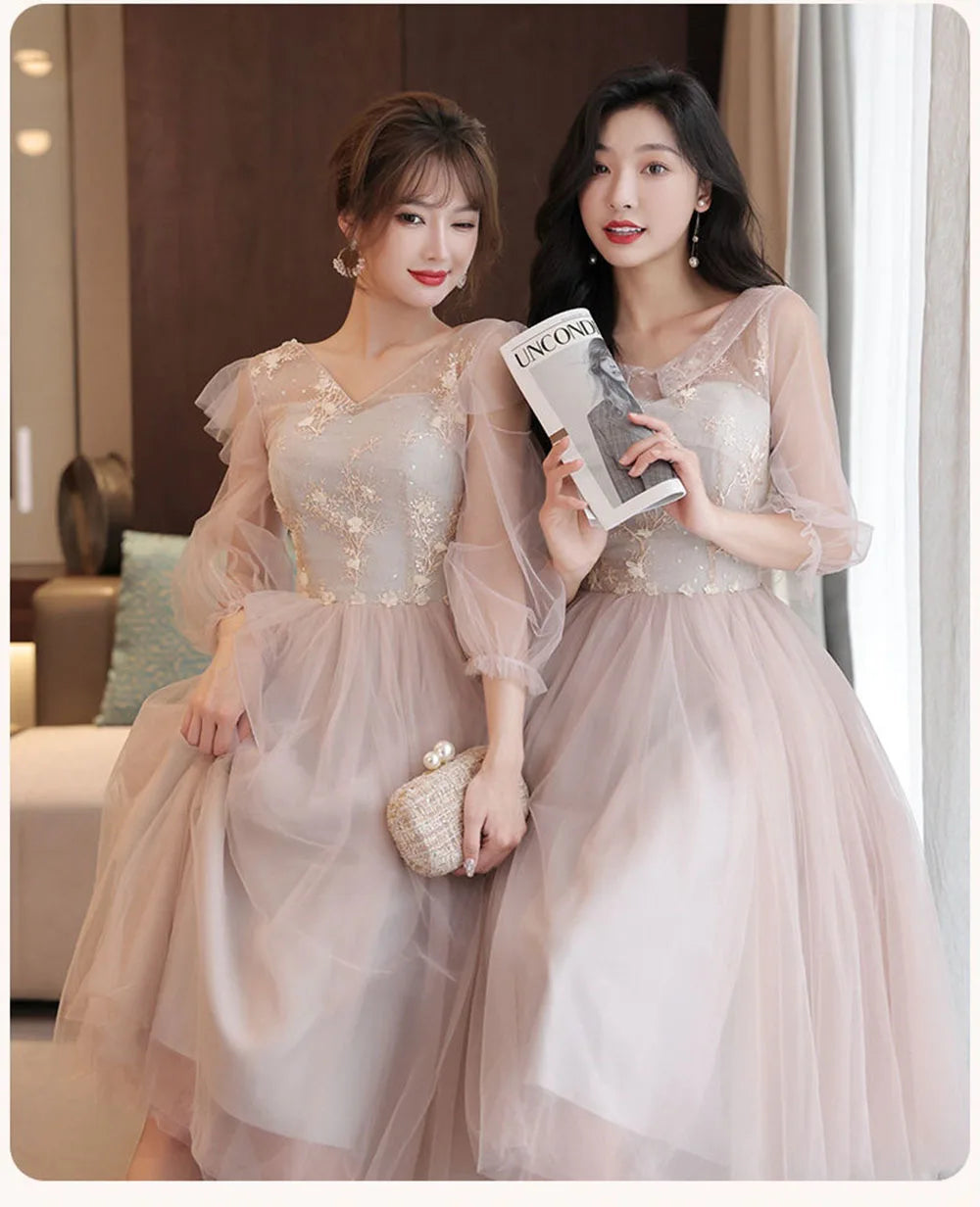 4 Styles Elegant Simple Bridesmaid Dress Women's Tulle Half Sleeves Slim Fit Design A-Line Dress Applique Wedding Party Vestido - Seprincess