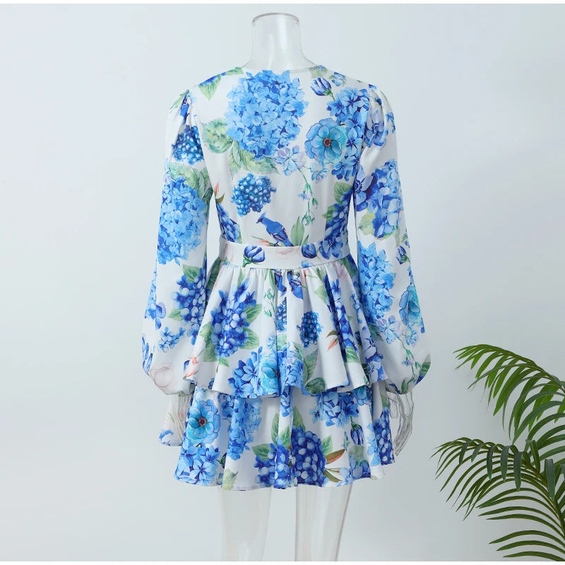 Elegant Flower Printed Ruffles Layered Mini Dress Chic V Neck Puff Long Sleeved A Line Dresses Fashion Lady Evening Party Gown - Seprincess