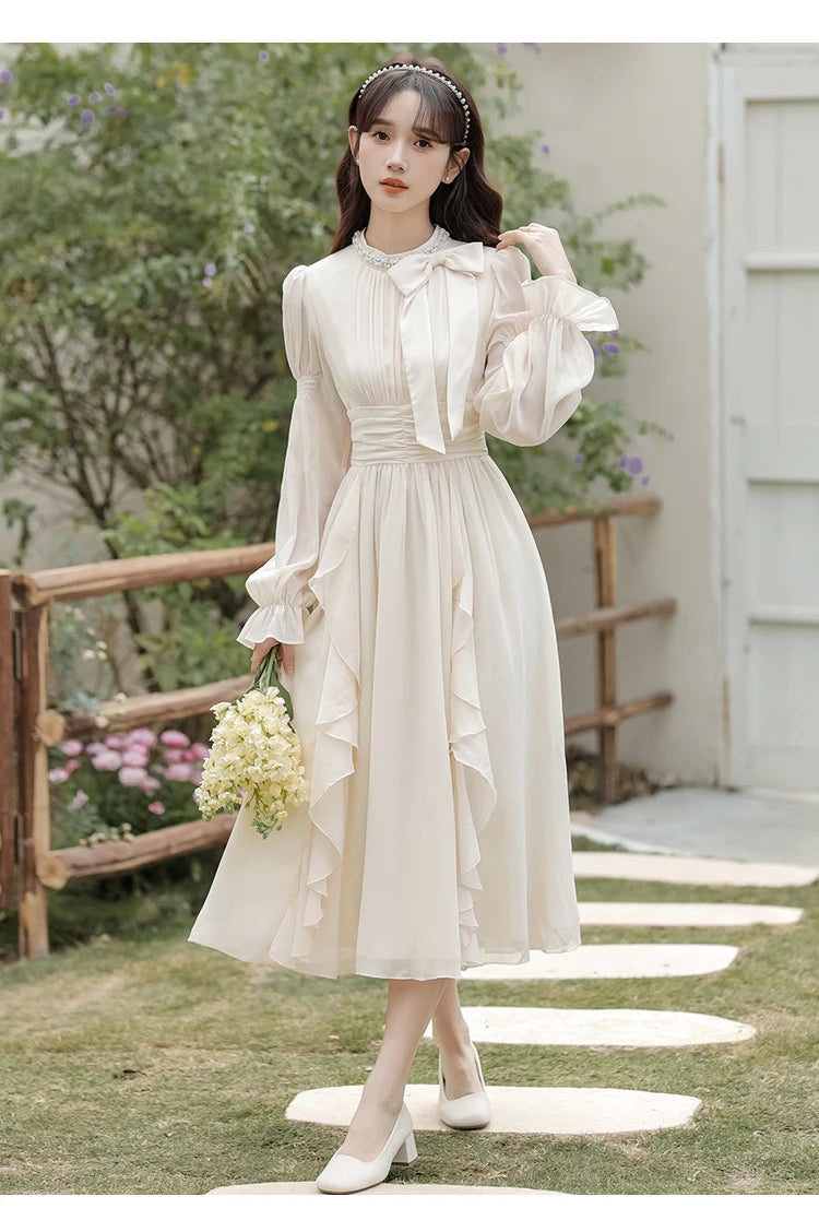 Autumn Chiffon Midi Dresses for Women O-neck Bow Flare Sleeve High Waist Ruffles A-line Princess Party Dress Vestidos Mujer New - Seprincess