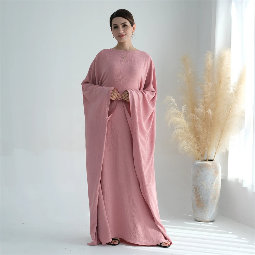 Summer Soft Crepe Like Linen Khimar Butterfly Batwing Abaya Dubai Luxury 2024 Islam Muslim Kaftan Modest Dress For Women Kebaya