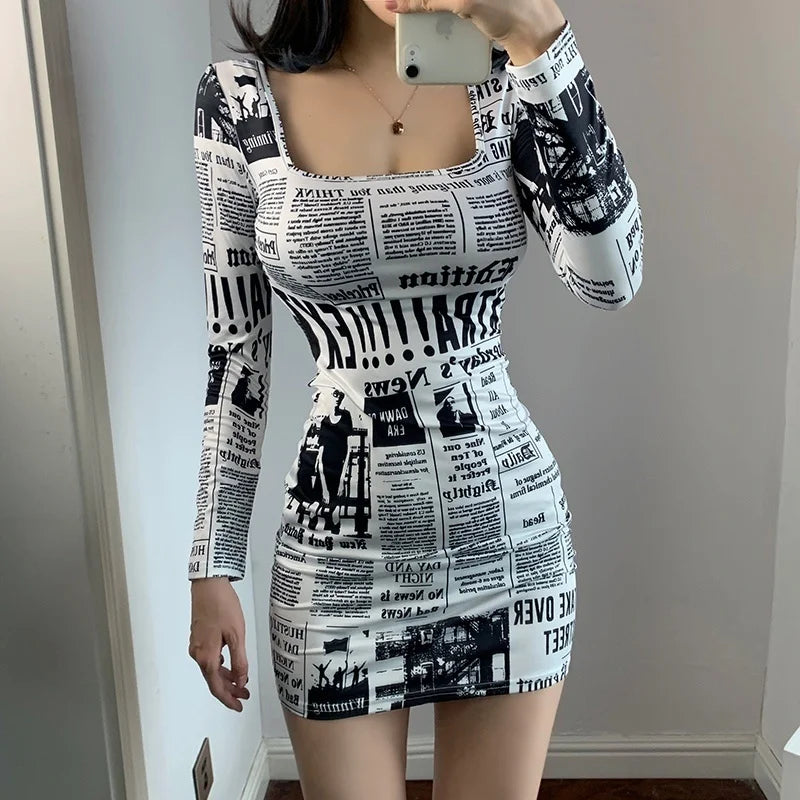 Hot-selling Printed Europe Newspaper Sexy Mini Dress 2020 Autumn New Fashion Street Shooting Slim Girl Female Square Collar ZW0 - Seprincess