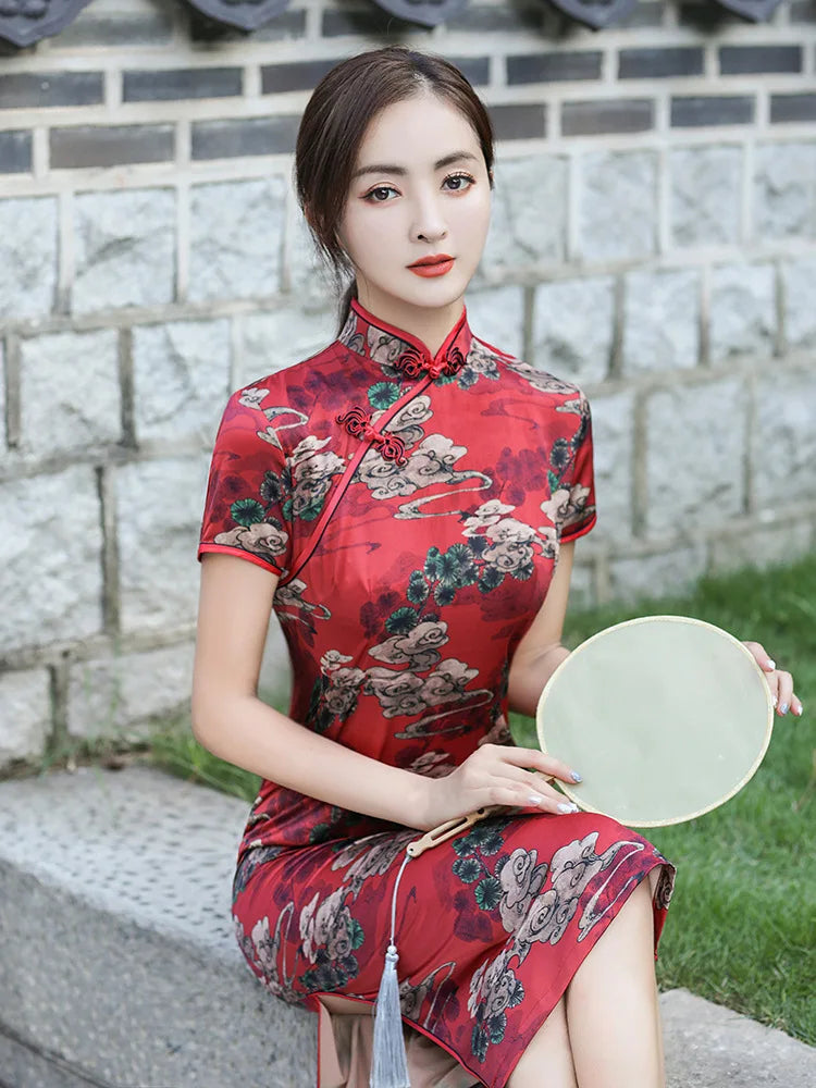 Elegant Print Female Qipao Traditional Classic Chinese Dress Asian Clothing Sexy Slim Short Cheongsam Mandarin Collar Vestidos - Seprincess