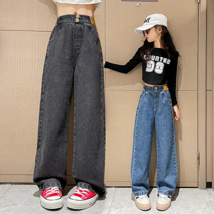 Girls' Loose Jeans For Autumn And Winter, Girls Aged 6 to 14, Loose Straight-leg Pants, Girls' Sherpa Fabric Warm Pants.