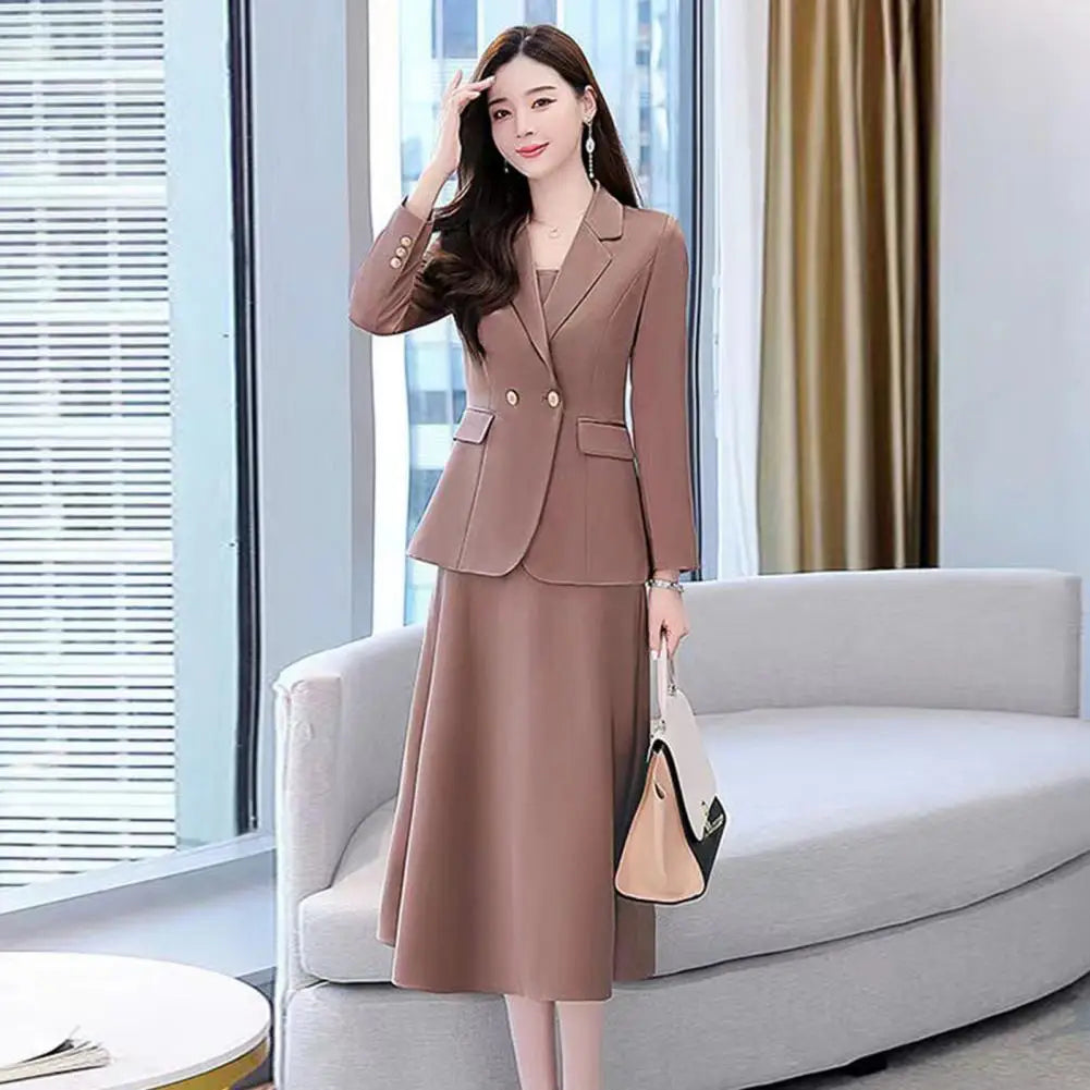 2Pcs Women Outfit Commute Trendy Office Lady Dress Coat Set Elegant Sling Style Coat Long Dress Suit Lady Business Skirt Suit - Seprincess