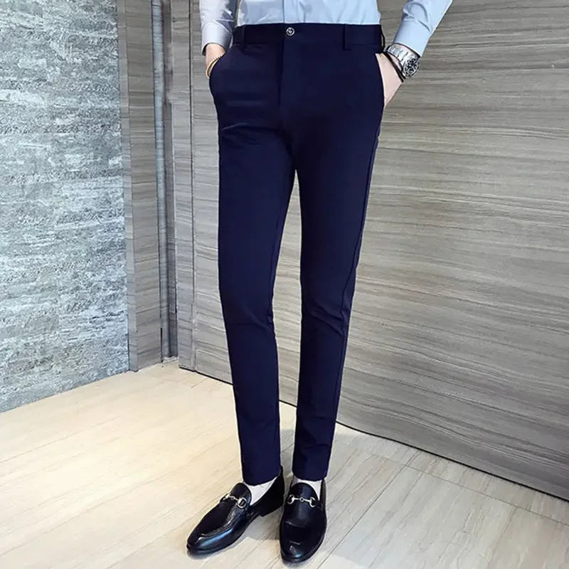 Blue Elastic Man Suits Pants Stretch Trousers for Men Tight Elegant Up Summer 2024 Vintage Cheap Anti-wrinkle Formal Dress Fine