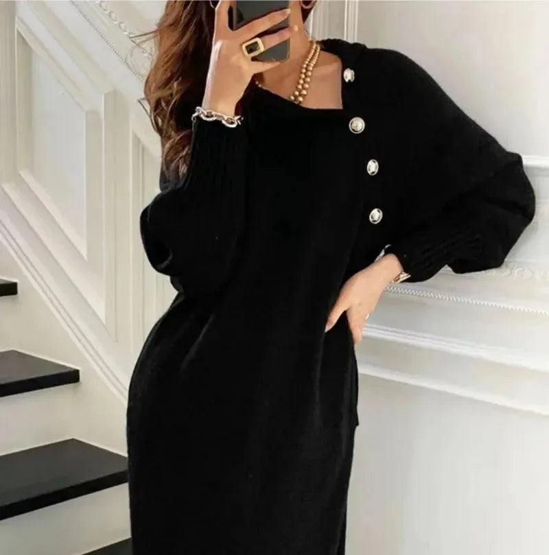 BTQWFD Turtleneck Sweaters Long Sleeves Dresses for Women Party Pullovers 2024 New Autumn Winter Button Skirts Female Clothing - Seprincess