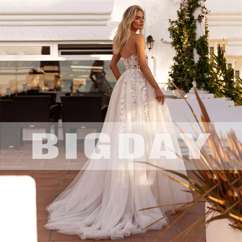 Elegant A-Line Wedding Dress Women 2024 Lace Sweetheart Tulle Open Back Split Strapless Bridal Gown Sweep Train Vestido De Noiva - Seprincess