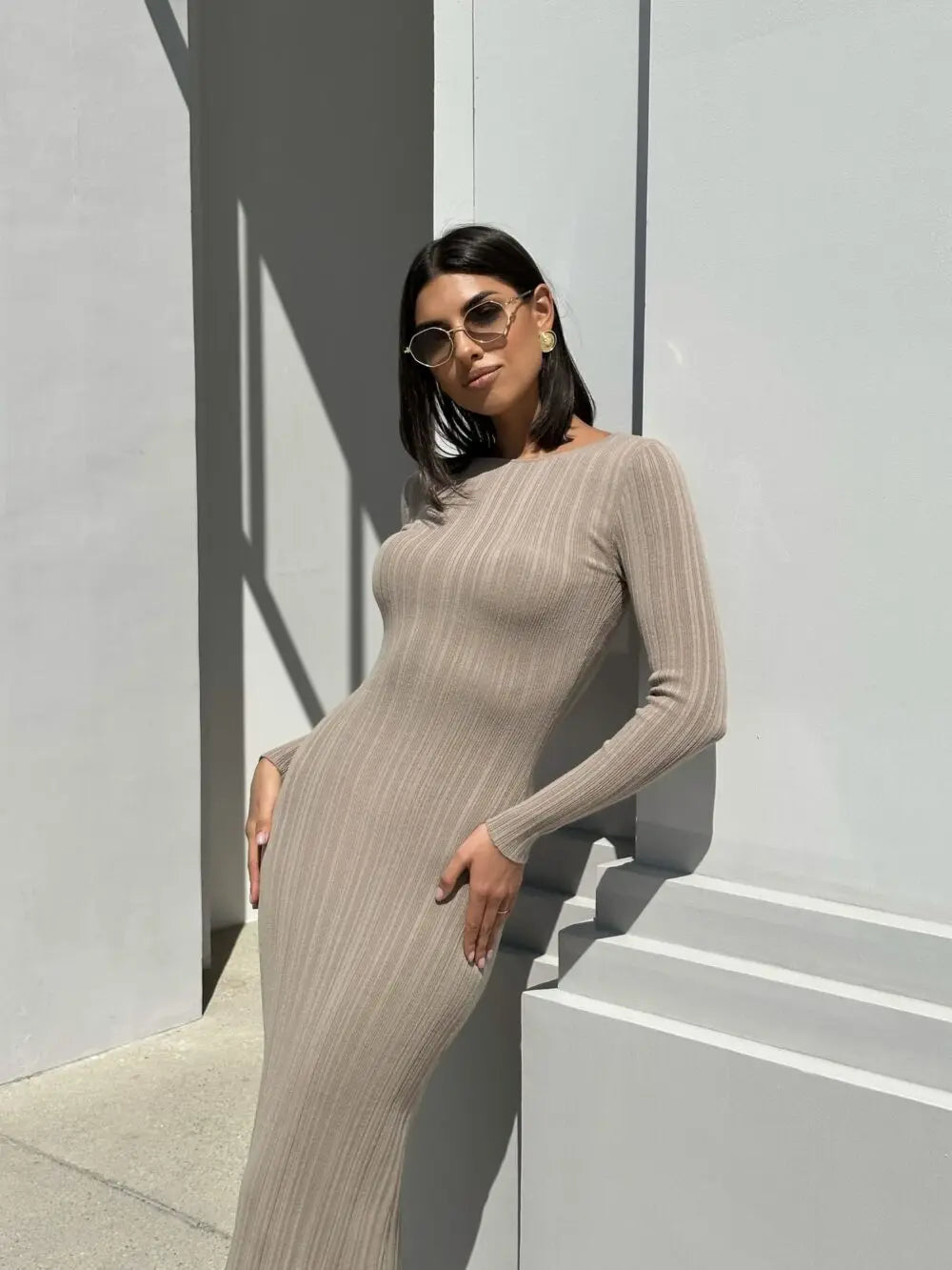 Autumn Long Sleeve Knitted Maxi Dress Women Elegant Sexy Pit Strip O-Neck Bodycon Evening Party Dresses 2024 Lady Casual Dress - Seprincess