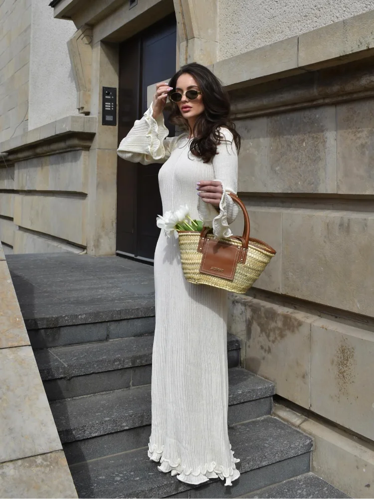 Fashion Solid Ruffles Pleated Loose Long Dress Women Elegant Round Neck Flare Long Sleeves Maxi Dresses Lady High Street Wear - Seprincess