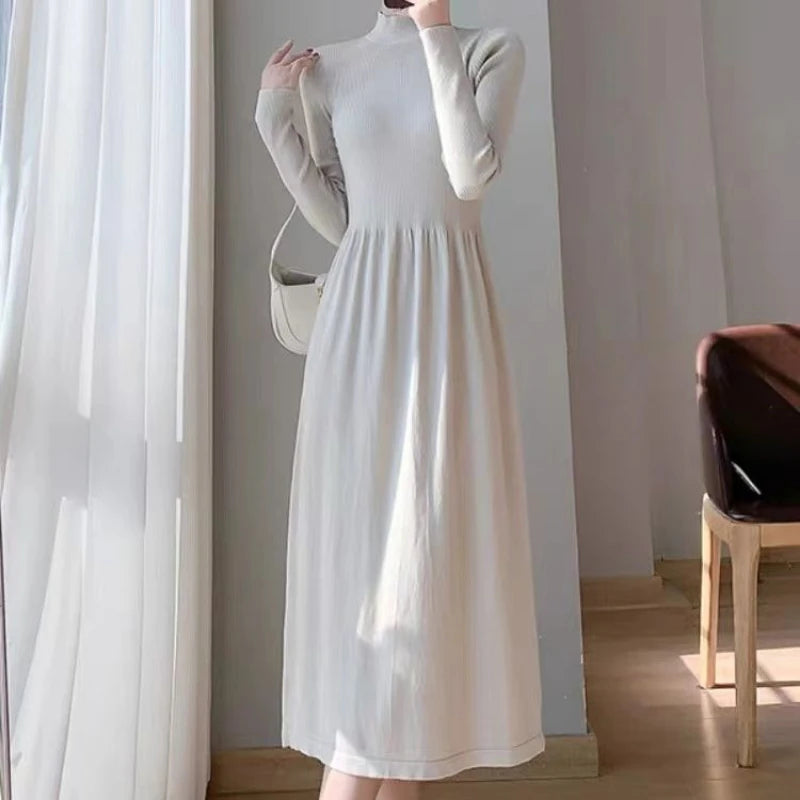 Autumn Winter Fashion Half High Collar Long Sleeve Solid Women's Clothing Waist Retraction Temperament All-match Knitting Dresse - Seprincess