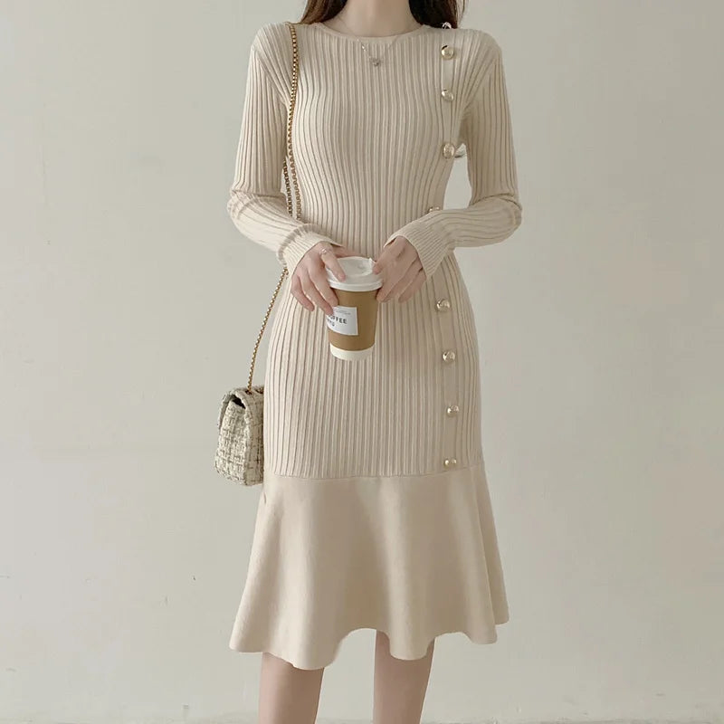 Autumn Warm Korean Fashion Woman Elegant Clothing Knitted Vintage Dresses Sweater Dress Femme Winter Vestido Feminino Thicken - Seprincess