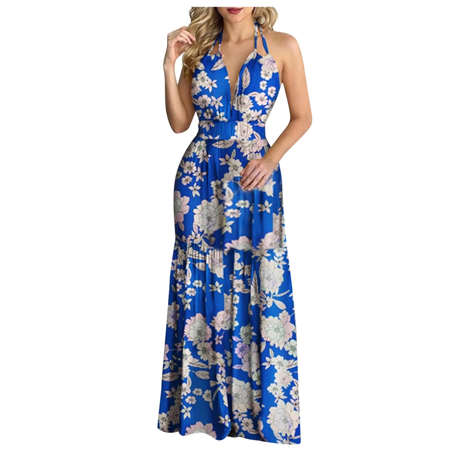 Summer Boho Dress Y2k Cloth Women Floral Print Backless Maxi Dress Elastic Waist Halter V Neck Long Robe Long Dresses Vacation - Seprincess