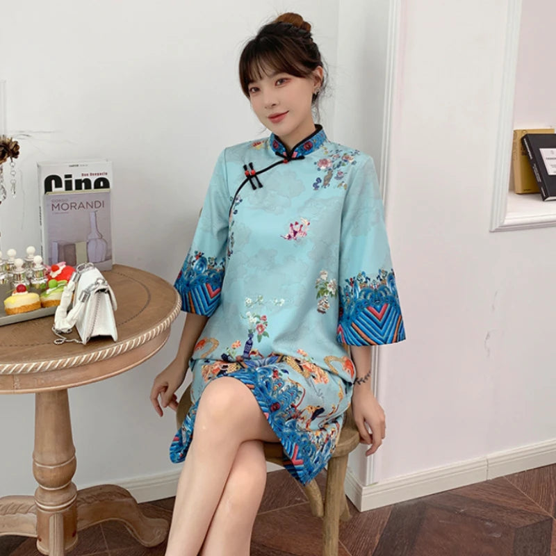 Red Blue Loose 2024 New Fashion Modern Chinese Cheongsam A-line Dress Women 3/4 Sleeve Qipao Traditional Chinese Clothes - Seprincess