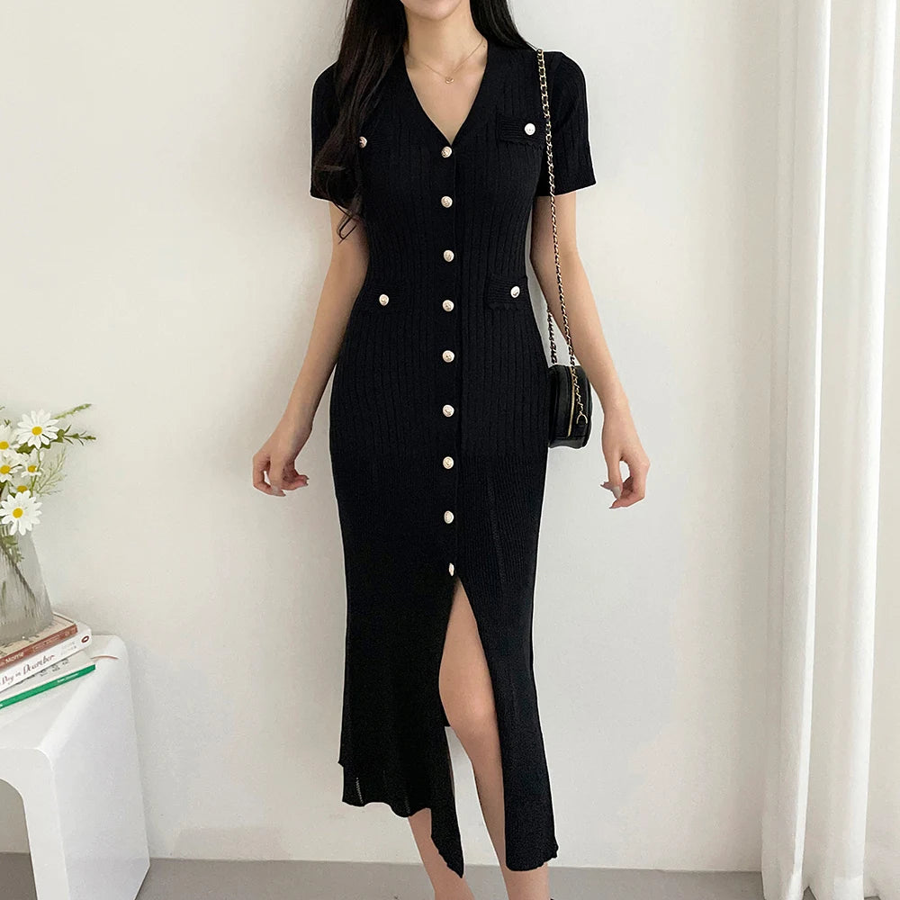 Summer Midi Dress Women Knitted Black Bodycon Korea Style Ruffle Ladies Dresses Elegant Fashion Casual Woman Dress 2024 - Seprincess