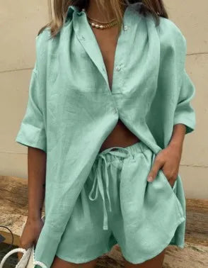 Casual Cotton Solid Color Sets Women Short Sleeve Loose Shirt Wide Leg Shorts Two Piece Set Woman Suits 2024 Summer Outfits - Seprincess