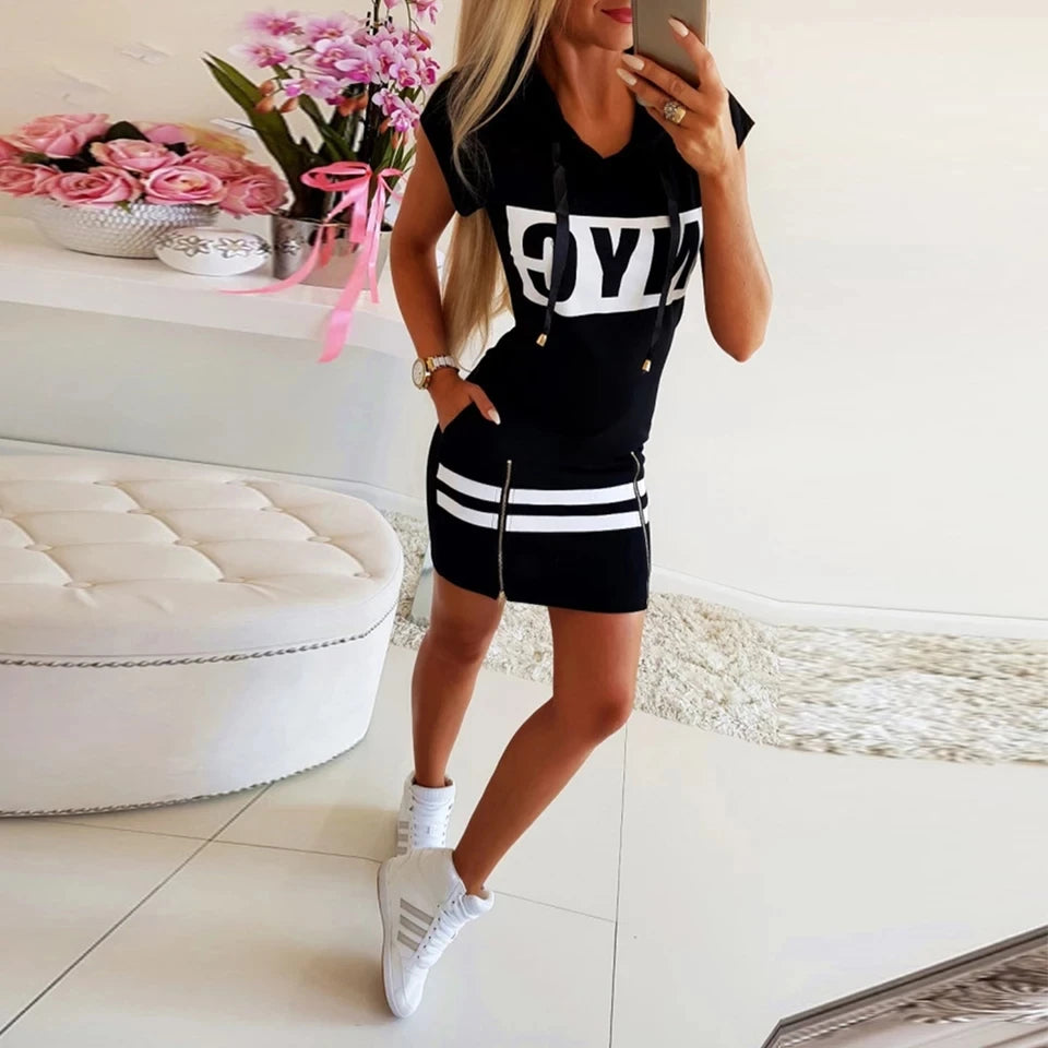 2022 Hooded Women Summer Dress Short Sleeve Letter Print Zipper Bandage Hoodies Lady Casual Sport Bodycon Vestidos Mini Dresses - Seprincess