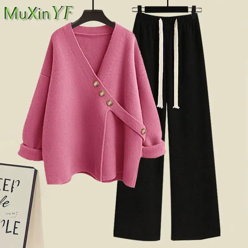 Women's Spring Autumn New Casual Matching Set Korean Elegant Irregular Knit Sweater+Loose Wide Leg Pants Two Piece Female Suit - Seprincess