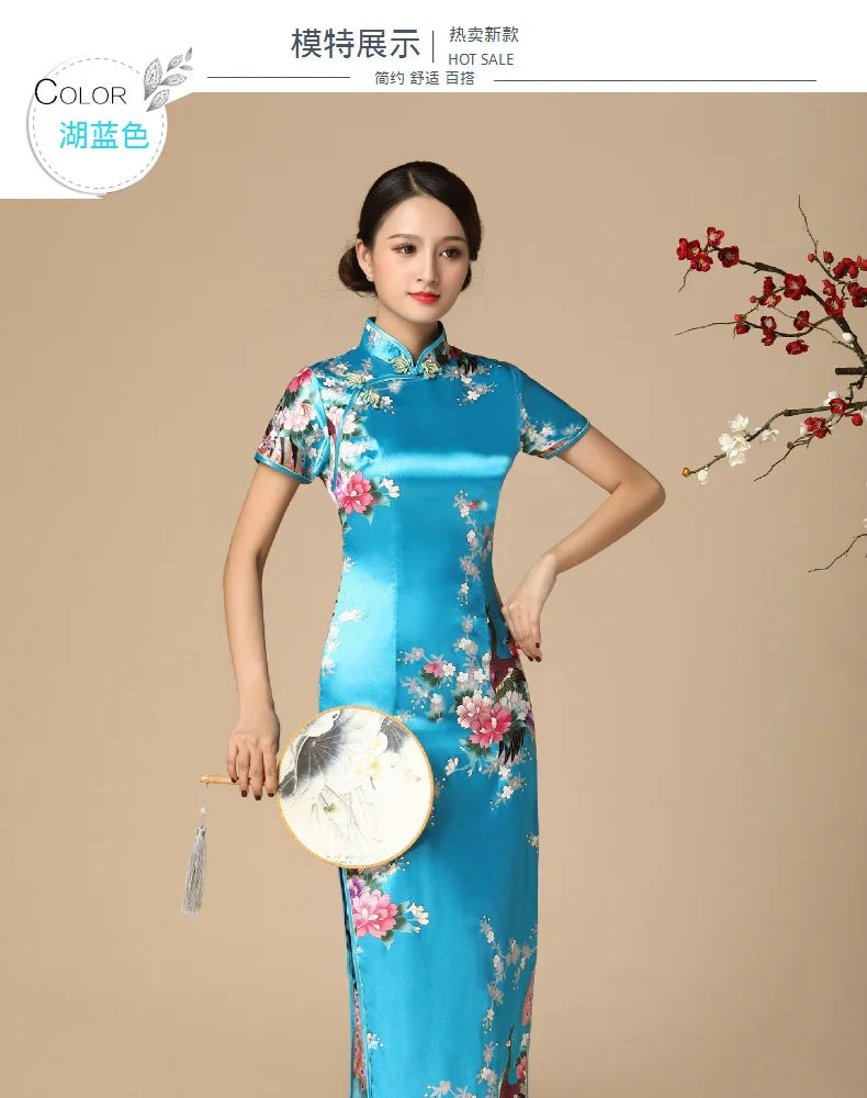 Sexy Cheongsam Chinese Tradition Style Dress Print Satin Qipao Lady Elegant Dresses Summer New Long Qipaos Plus Size 4Xl5Xl6Xl - Seprincess