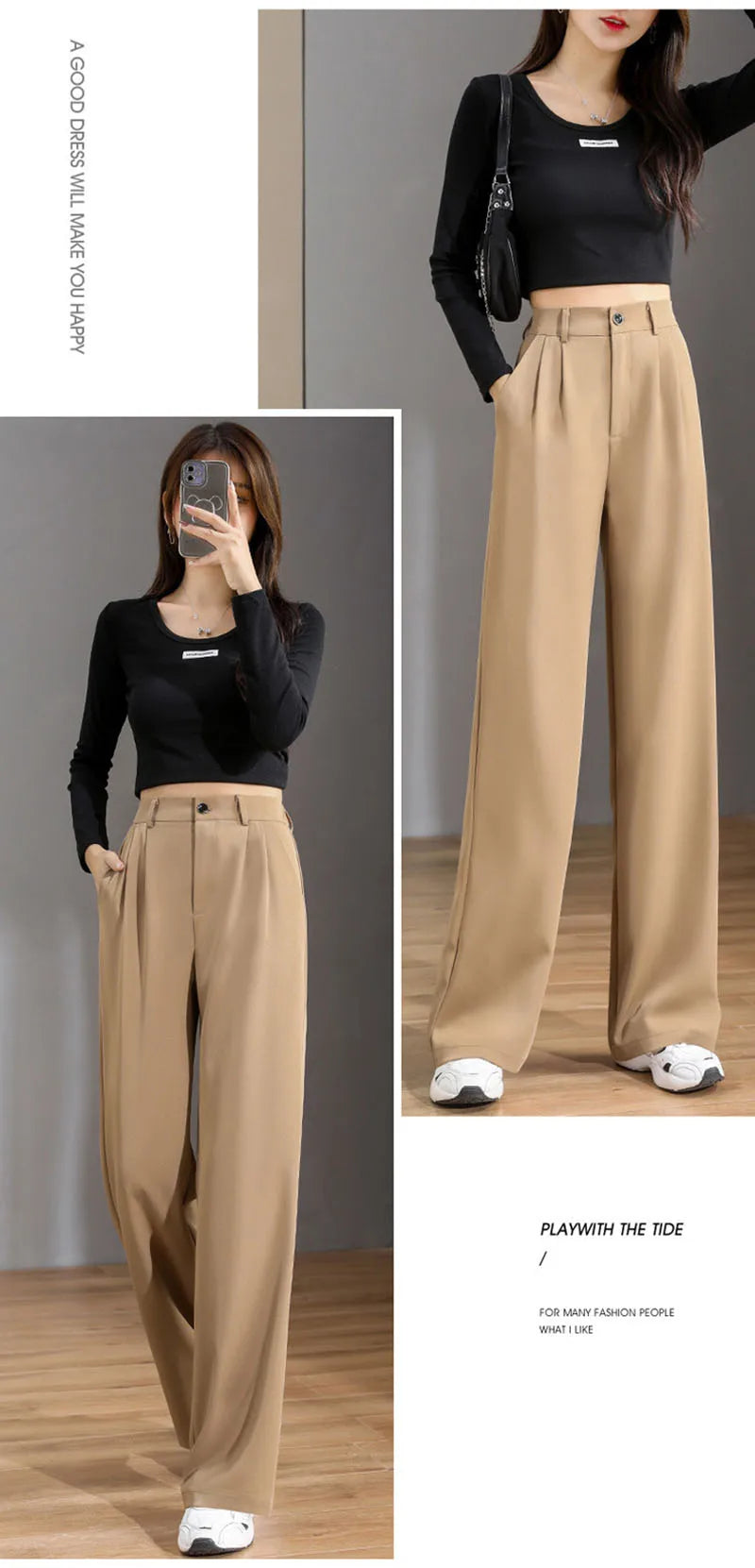 Women Chic Office Wear Straight Pants Vintage High Ladies Trousers Baggy Korean 2024 Spring/Summer/Autumn Wide Leg Female