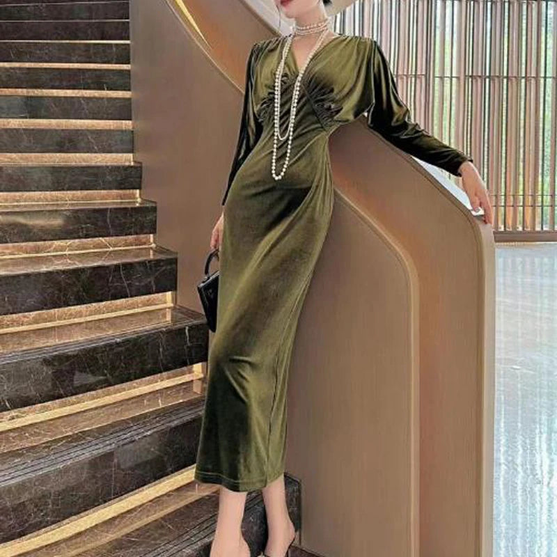 Women Vintage Gold Velvet Ruched Bodycon Elegant Evening Party Dresses Sexy V Neck Split High Waist Long Sleeve Maxi Dress Robe - Seprincess