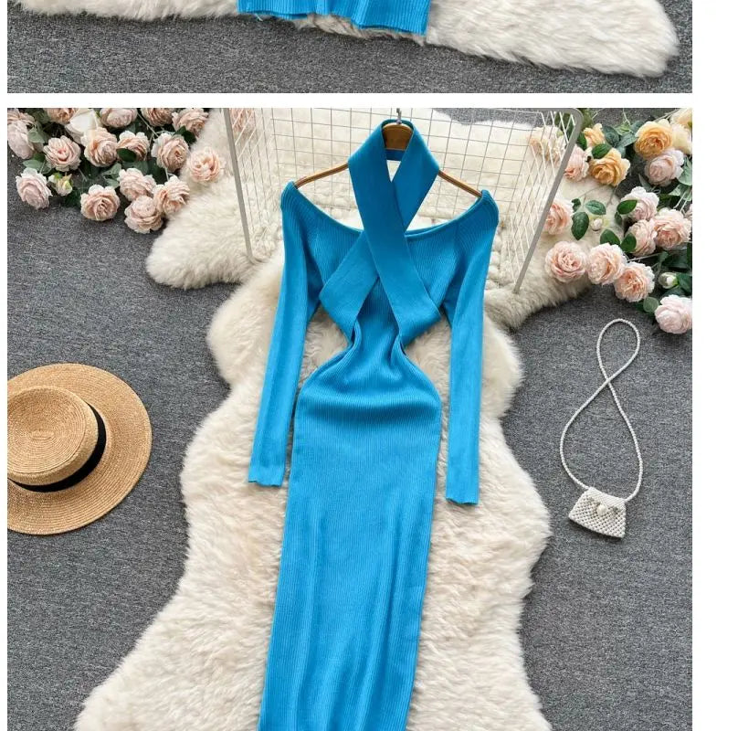 Autumn Winter Women Long Dress Elegant Halter Slim Waist Knitted Bodycon Dress Korean Office Lady Sweater Dresses Vestidos - Seprincess