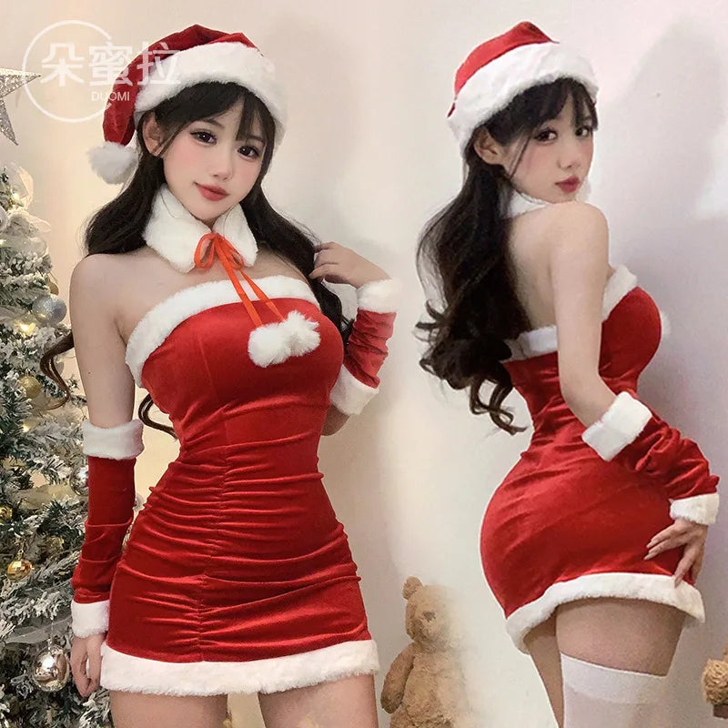 Fashion Sexy Korean Women Christmas Decoration Short Dress Elegant Velvet Sexy Female Cosplay Halloween Performance Dress 6BVH - Seprincess