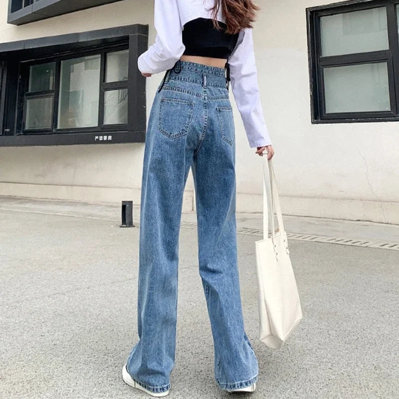 Woman High Waist Wide Leg Jeans Girls Fashion loose Straight Leg Pants Female Streetwear Light Blue Retro Blue Denim Trousers