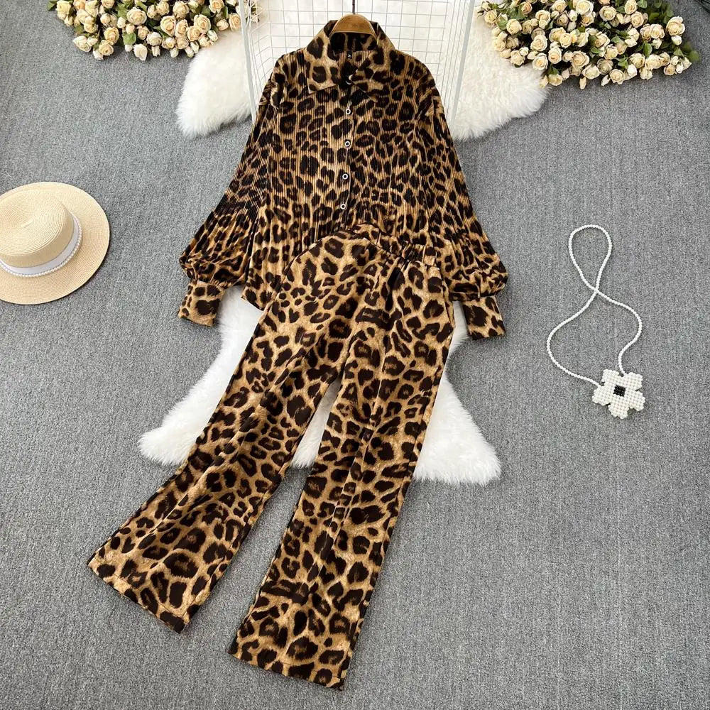 Autumn Elegant Women 2 Pieces Set Leopard Print Long Sleeve Shirts Casual Loose Pantalon Outfits New Fashion Vintage Sweatsuit - Seprincess