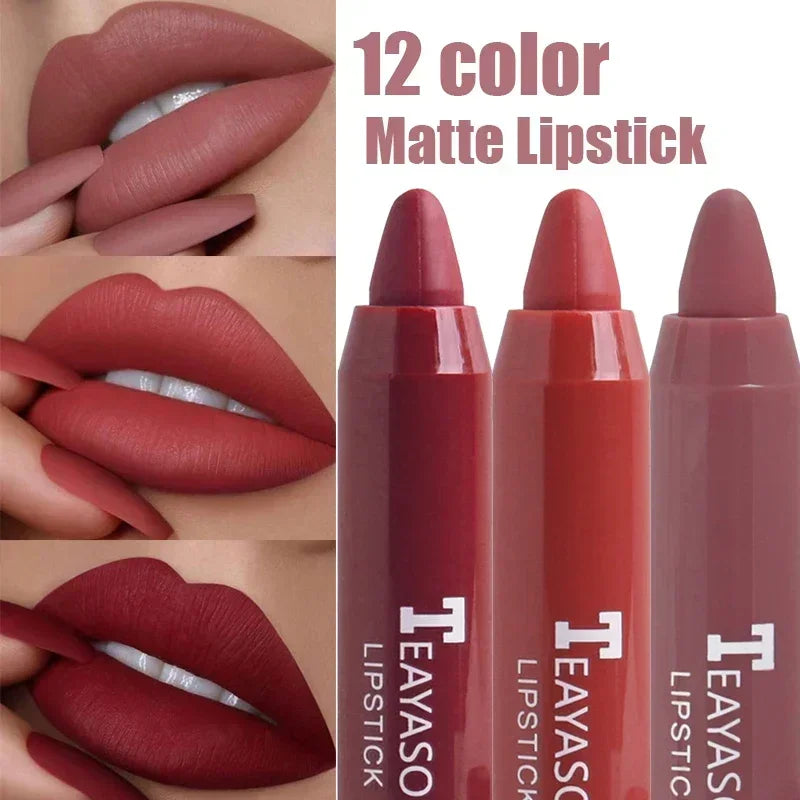 12 Colors Velvet Matte Lipstick Pen Cosmetics Waterproof Lasting Nude Crayon Lipsticks Non Sticky Brown Lip Liner Pencil Makeup - Seprincess