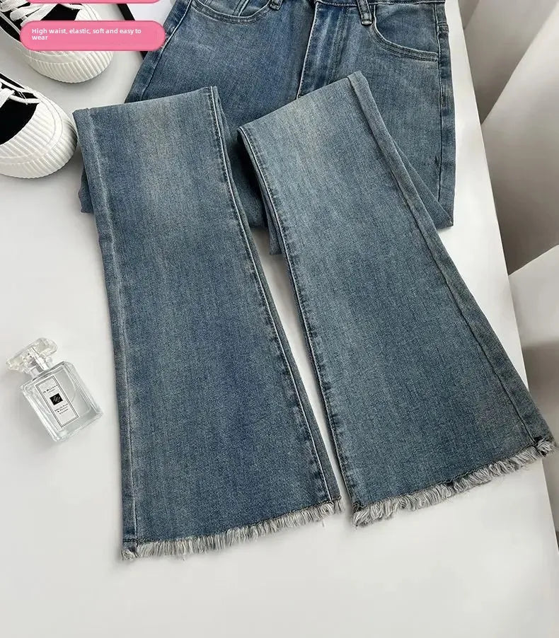 Summer New Fringe Jeans Women's Student High-waisted Elastic Slimming Bootcut Pants Vintage Thin Bell-bottom Pantsins